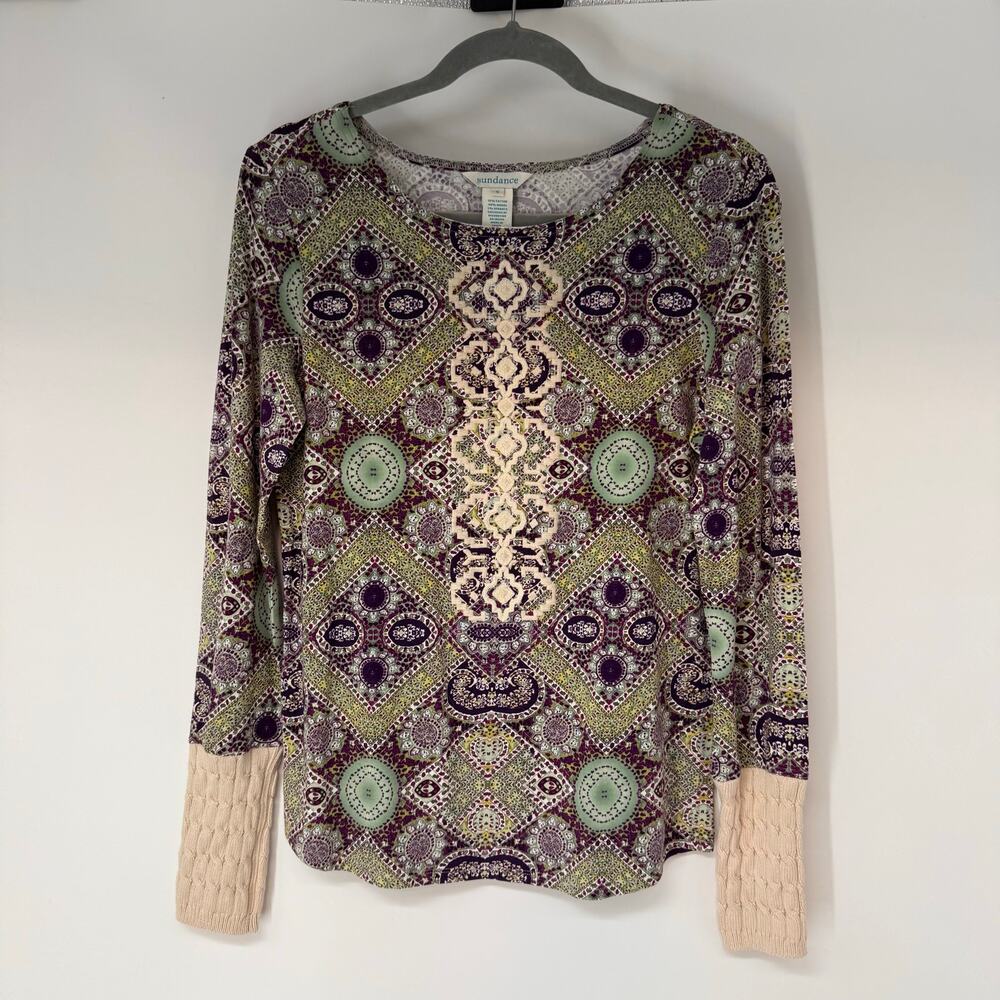Sundance Veda Embroidered Blouse Women's S Green Cream Wine Tile Printed